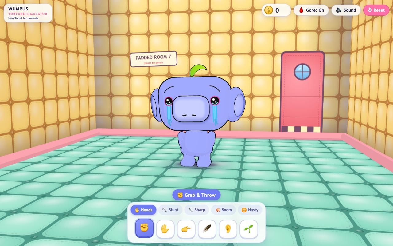 Wumpus Torture Simulator gameplay: a crying Wumpus ragdoll in Padded Room 7 with the Hands toolbar open
